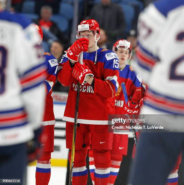 Anatoli Yelizarov of Russia following Russia's 4-2 loss to the United States in the Quarterfinal IIHF World Junior Championship game at the KeyBank...