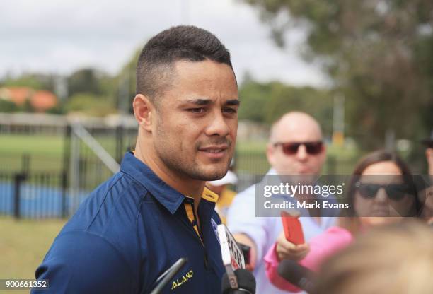 Jarryd Hayne speaks during a press conference after Parramatta Eels training at Old Saleyards Reserve on January 3, 2018 in Sydney, Australia.