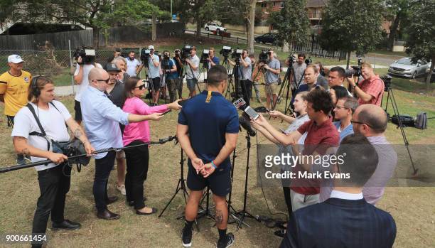 Jarryd Hayne speaks to a large media contingent during a press conference after Parramatta Eels training at Old Saleyards Reserve on January 3, 2018...