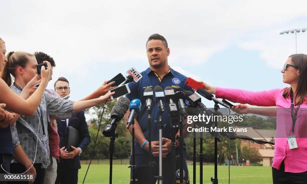 Jarryd Hayne speaks during a press conference after Parramatta Eels training at Old Saleyards Reserve on January 3, 2018 in Sydney, Australia.