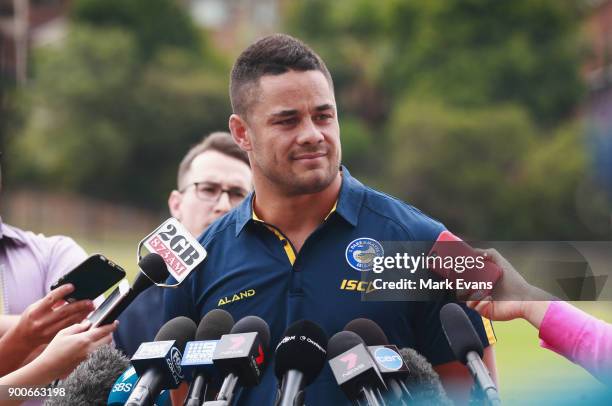 Jarryd Hayne speaks during a press conference after Parramatta Eels training at Old Saleyards Reserve on January 3, 2018 in Sydney, Australia.