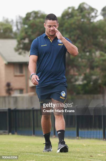 Jarryd Hayne arrives for a press conference after Parramatta Eels training at Old Saleyards Reserve on January 3, 2018 in Sydney, Australia.