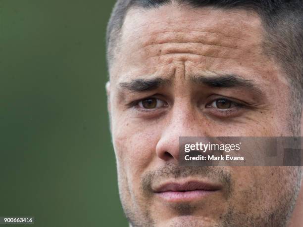 Jarryd Hayne speaks during a press conference after Parramatta Eels training at Old Saleyards Reserve on January 3, 2018 in Sydney, Australia.