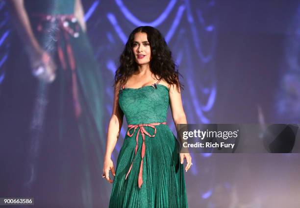 Salma Hayek speaks onstage at the 29th Annual Palm Springs International Film Festival Awards Gala at Palm Springs Convention Center on January 2,...