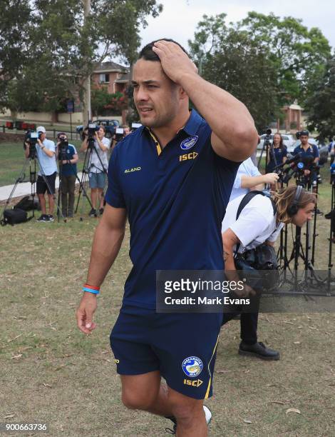 Jarryd Hayne after holding a press conference at Parramatta Eels training at Old Saleyards Reserve on January 3, 2018 in Sydney, Australia.