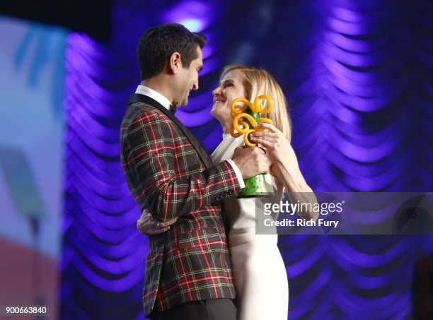 Kumail Nanjiani and Career Achievement Award winner, Holly Hunter onstage at the 29th Annual Palm Springs International Film Festival Awards Gala at...