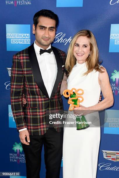 Kumail Nanjiani and Career Achievement Award winner, Holly Hunter attend the 29th Annual Palm Springs International Film Festival Awards Gala at Palm...