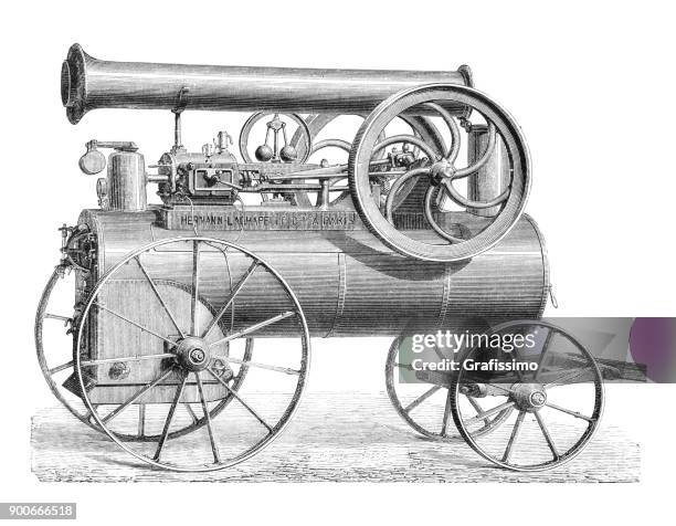 horizontal steam machine on wheels paris france 1875 - rowing machine stock illustrations