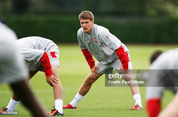 Aaron Ramsey of Arsenal looks on during an Arsenal Training Session at London Colney on August 25, 2009 in London Colney, England.