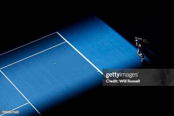 Eugenie Bouchard of Canada plays a forehand to Angelique Kerber of Germany in the womens singles match on Day Five of the 2018 Hopman Cup at Perth...