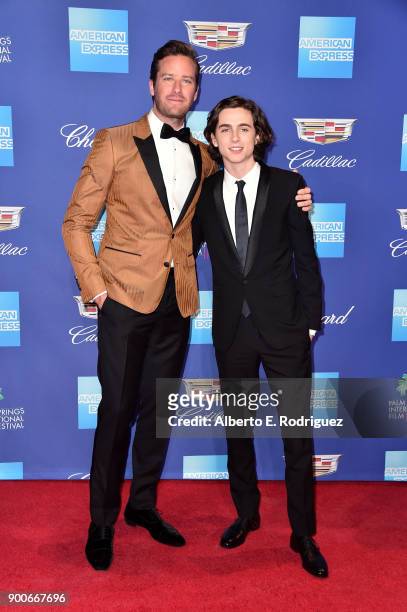 Armie Hammer and Timothée Chalamet attend the 29th Annual Palm Springs International Film Festival Awards Gala at Palm Springs Convention Center on...