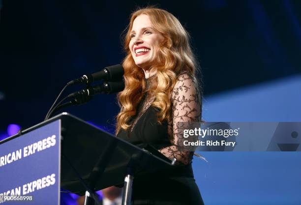 Jessica Chastain, winner of the Chairman's Award speaks onstage at the 29th Annual Palm Springs International Film Festival Awards Gala at Palm...