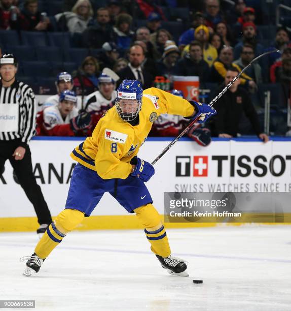 Rasmus Dahlin of Sweden during the IIHF World Junior Championship against Czech Republic at KeyBank Center on December 28, 2017 in Buffalo, New York.