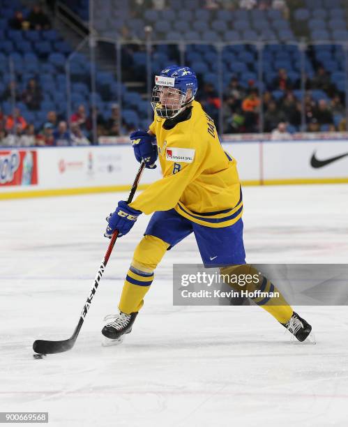 Rasmus Dahlin of Sweden during the IIHF World Junior Championship against Czech Republic at KeyBank Center on December 28, 2017 in Buffalo, New York.