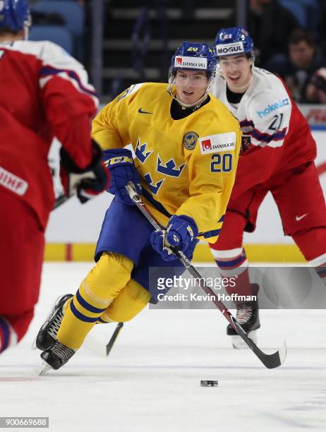 Isac Lundeström of Sweden during the IIHF World Junior Championship against Czech Republic at KeyBank Center on December 28, 2017 in Buffalo, New...