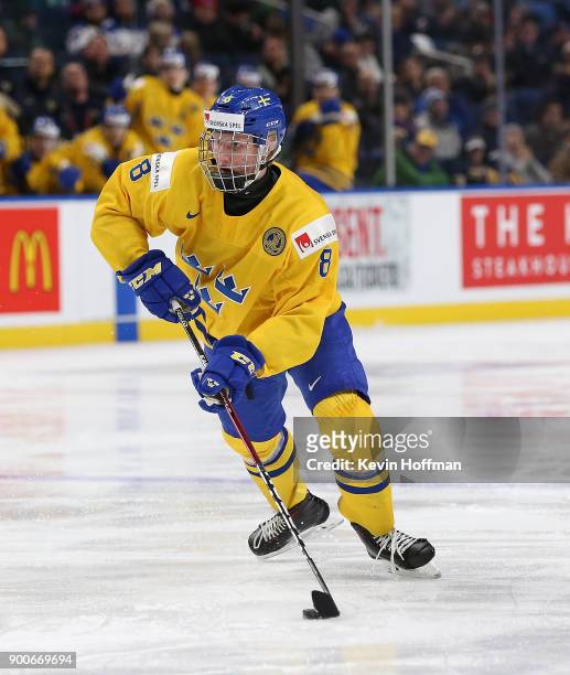 Rasmus Dahlin of Sweden during the IIHF World Junior Championship against Czech Republic at KeyBank Center on December 28, 2017 in Buffalo, New York.