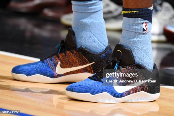 The sneakers worn by James Ennis III of the Memphis Grizzlies are seen during the game against the LA Clippers on January 2, 2018 at STAPLES Center...