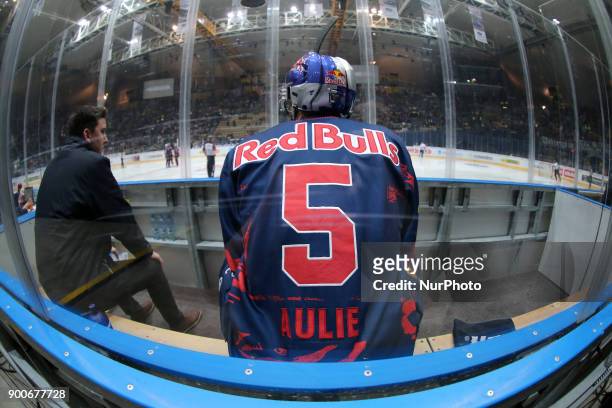 Keith Aulie of Red Bull Munich during the 38th game day of the German Ice Hockey League between Red Bull Munich and Adler Mannheim in the...