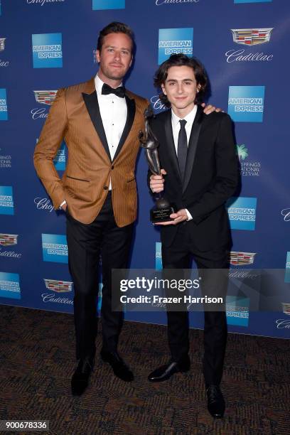 Armie Hammer and Timothee Chalamet attend the 29th Annual Palm Springs International Film Festival Awards Gala at Palm Springs Convention Center on...