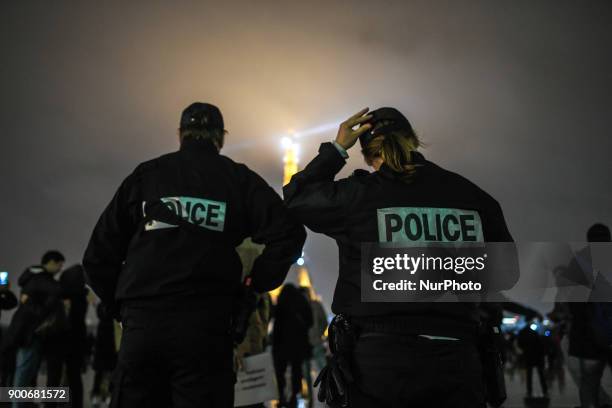 Policemen's wifes protest at the Effeil Tower of Paris, France on January 2, 2018 to denounce the assault of the two policemen in Champigny sur marne...