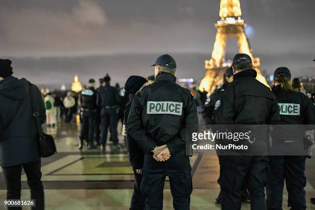 Policemen's wifes protest at the Effeil Tower of Paris, France on January 2, 2018 to denounce the assault of the two policemen in Champigny sur marne...