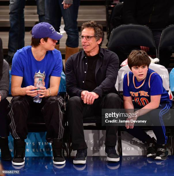 Ansel Elgort, Ben Stiller and Quinlin Stiller attend the New York Knicks Vs San Antonio Spurs game at Madison Square Garden on January 2, 2018 in New...