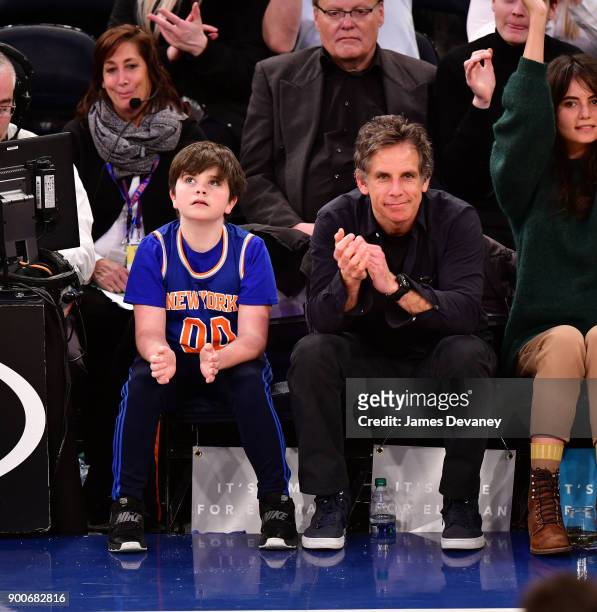 Quinlin Stiller and Ben Stiller attend the New York Knicks Vs San Antonio Spurs game at Madison Square Garden on January 2, 2018 in New York City.