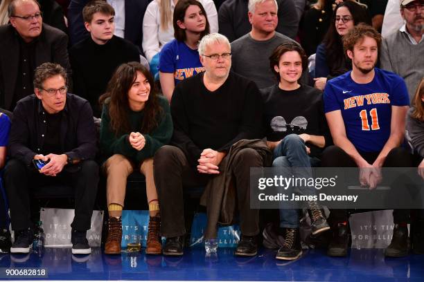 Ben Stiller, guest, Tim Robbins, Miles Robbins and Jack Robbins attend the New York Knicks Vs San Antonio Spurs game at Madison Square Garden on...