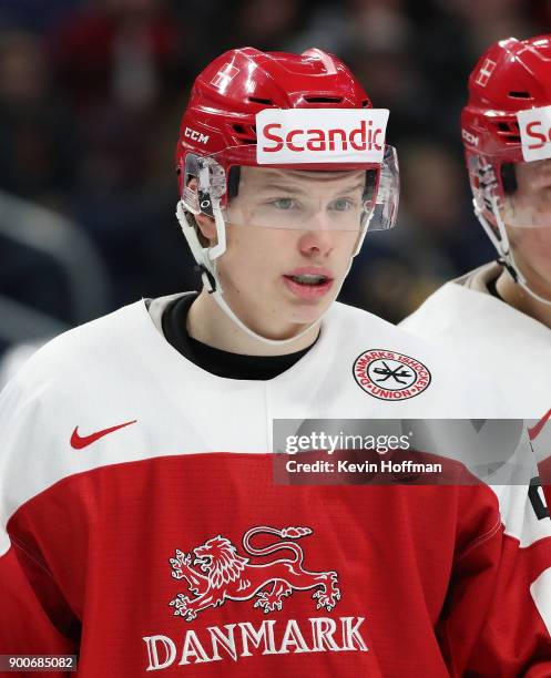 David Madsen of Denmark during the IIHF World Junior Championship against the United States at KeyBank Center on December 26, 2017 in Buffalo, New...