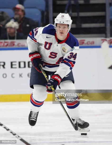 Trent Frederic of United States during the IIHF World Junior Championship against Denmark at KeyBank Center on December 26, 2017 in Buffalo, New York.