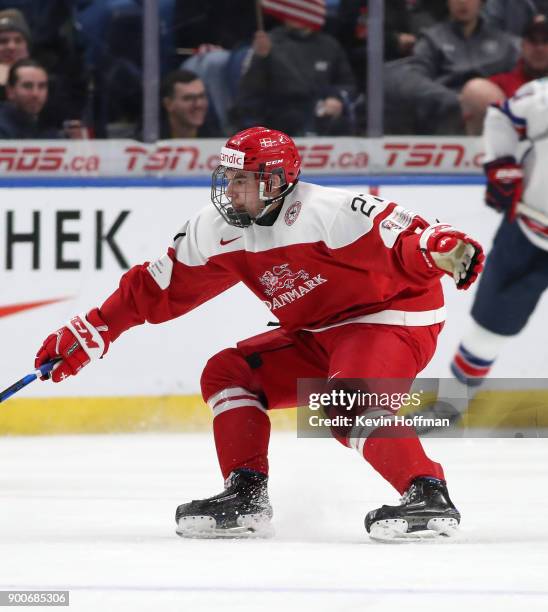 Phillip Schultz of Denmark during the IIHF World Junior Championship against the United States at KeyBank Center on December 26, 2017 in Buffalo, New...