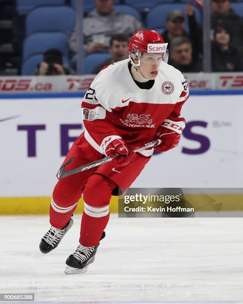 David Madsen of Denmark during the IIHF World Junior Championship against the United States at KeyBank Center on December 26, 2017 in Buffalo, New...