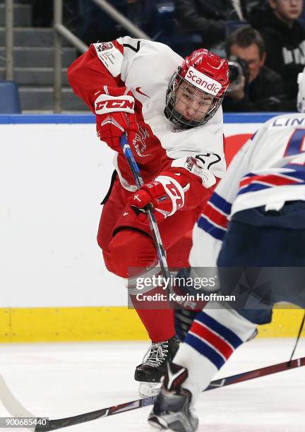 Phillip Schultz of Denmark during the IIHF World Junior Championship against the United States at KeyBank Center on December 26, 2017 in Buffalo, New...