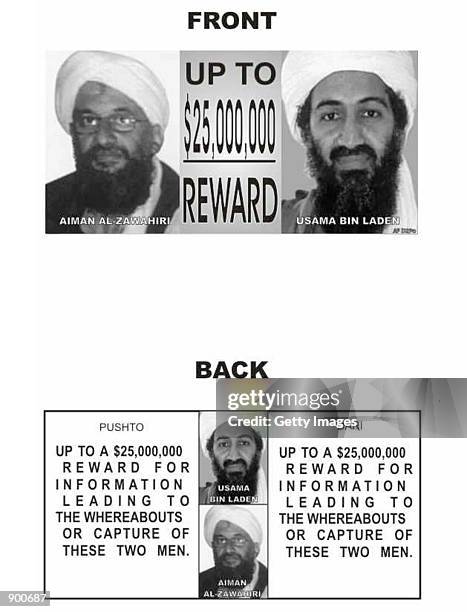 Leaflet offering reward money in the amount of $25 million for information leading to the capture or whereabouts of Osama bin Laden and his top aid...