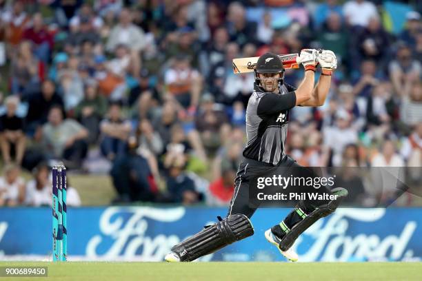 Tom Bruce of the New Zealand Black Caps bats during game three of the Twenty20 series between New Zealand and the West Indies at Bay Oval on January...