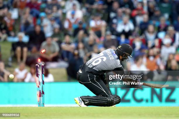 Tom Bruce of the New Zealand Black Caps is bowled during game three of the Twenty20 series between New Zealand and the West Indies at Bay Oval on...