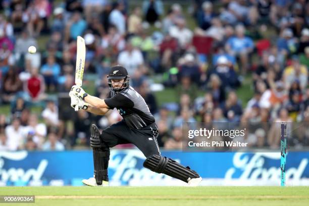 Colin Munro of the New Zealand Black Caps bats during game three of the Twenty20 series between New Zealand and the West Indies at Bay Oval on...