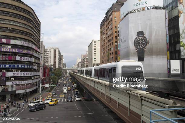 Traffic drives along a road as a Mass Rapid Transit train, operated by Taipei Rapid Transit Corp., travels along an elevated track in Taipei, Taiwan,...