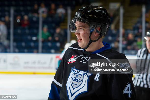 Ralph Jarratt of the Victoria Royals stands at the bench during warm up against the Kelowna Rockets at Prospera Place on December 30, 2017 in...