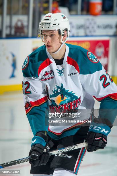 Braydyn Chizen of the Kelowna Rockets warm up against the Victoria Royals at Prospera Place on December 30, 2017 in Kelowna, Canada. Chizen is a 2016...