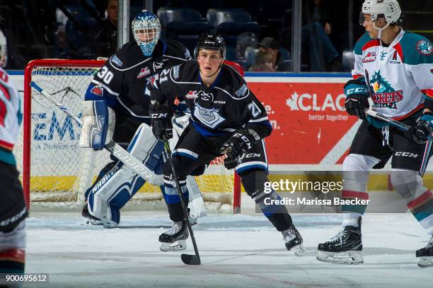 Kade Jensen of the Victoria Royals looks for the pass against the Kelowna Rockets at Prospera Place on December 30, 2017 in Kelowna, Canada.