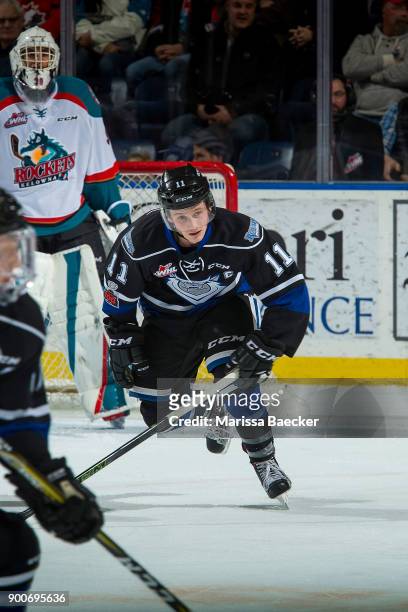 Matthew Phillips of the Victoria Royals skates against the Kelowna Rockets at Prospera Place on December 30, 2017 in Kelowna, Canada. Phillips is a...