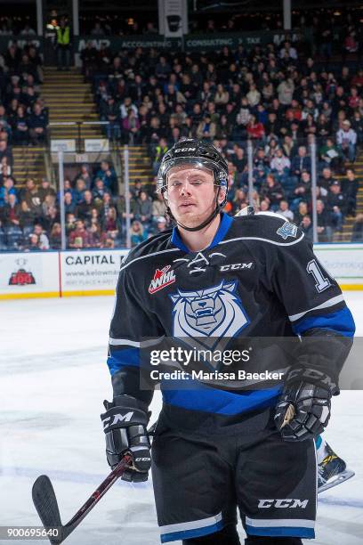 Braydon Buziak of the Victoria Royals skates to the bench against the Kelowna Rocketsat Prospera Place on December 30, 2017 in Kelowna, Canada.