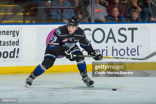 Chaz Reddekopp of the Victoria Royals prepares to take a snapshot against the Kelowna Rockets at Prospera Place on December 30, 2017 in Kelowna,...