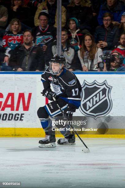 Tyler Soy of the Victoria Royals skates with the puck against the Kelowna Rockets at Prospera Place on December 30, 2017 in Kelowna, Canada.