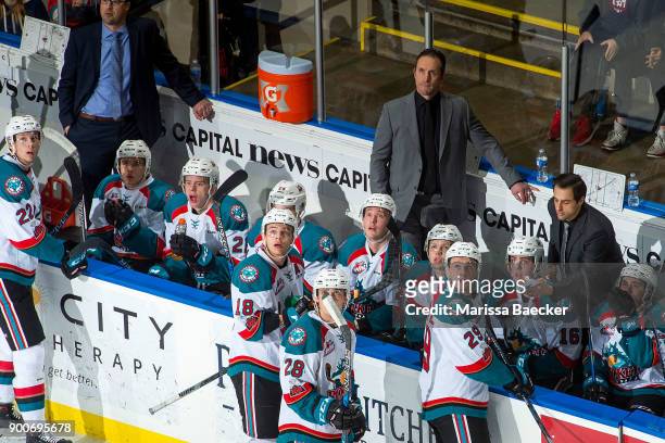 Kelowna Rockets' head coach Jason Smith stands on the bench watching the replay against the Victoria Royals at Prospera Place on December 30, 2017 in...