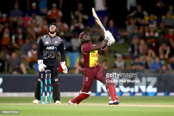 Rovman Powell of the West Indies bats during game three of the Twenty20 series between New Zealand and the West Indies at Bay Oval on January 3, 2018...