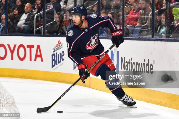 Seth Jones of the Columbus Blue Jackets skates against the Tampa Bay Lightning on December 31, 2017 at Nationwide Arena in Columbus, Ohio.