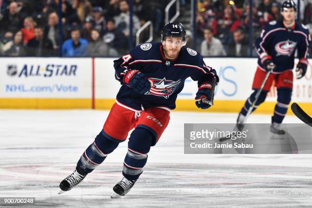 Jordan Schroeder of the Columbus Blue Jackets skates against the Tampa Bay Lightning on December 31, 2017 at Nationwide Arena in Columbus, Ohio.