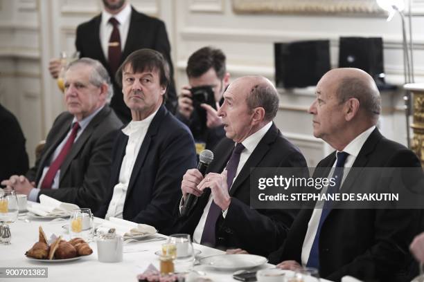 French Interior Minister Gerard Collomb speaks as French Foreign Affairs Minister Jean-Yves Le Drian , French Minister for the Territorial Cohesion...